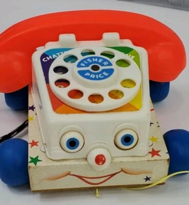 1961 Fisher Price Chatter Rotary Telephone Pull Toy #747 Wood Base Bell Works - Picture 1 of 12