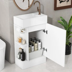 Wooden 18.6" Bathroom Vanity Cabinet with Ceramic Sink Storage Shelf Tissue Rack - Picture 1 of 54