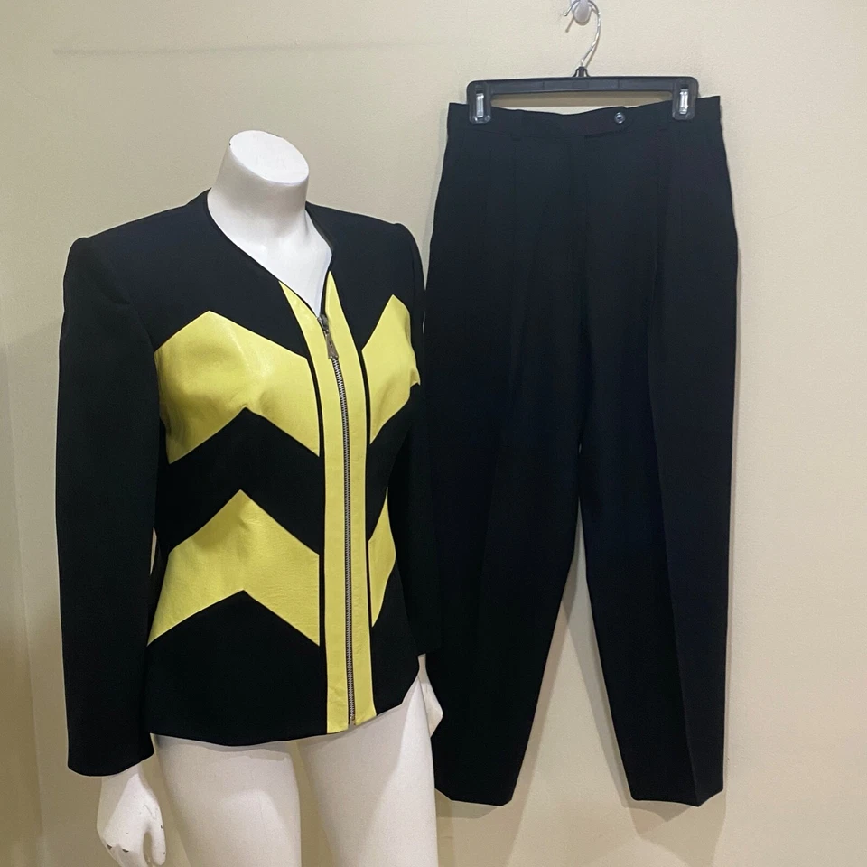 Vintage Alberto Makali Cache Suit Women 8 Black Yellow Leather Zip Jacket Pants - Image 1 of 4