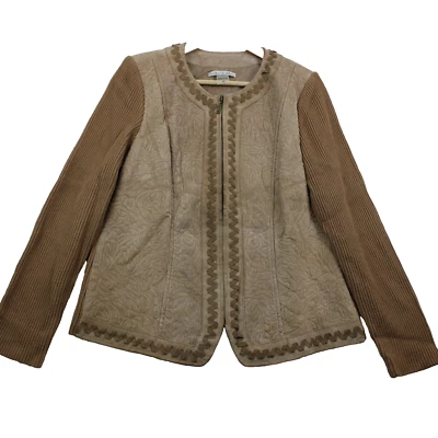 Peter Nygard Women's Full Zip Suede & Knit Jacket, Size M Floral Stitch Tan - Image 1 of 4