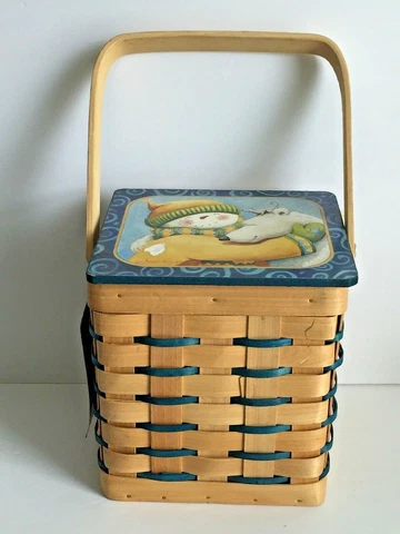 Teresa Kogut Snowman Polar Bear Mouse Woven Basket(ONLY) Lid Handle 6.5X6 1/4" Cover