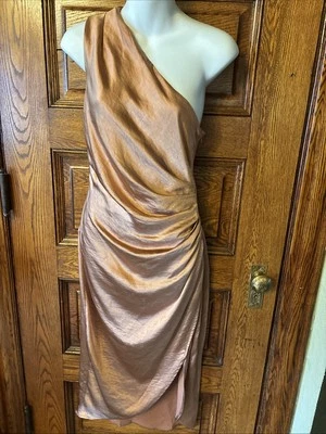 J ROBERTS One-Shoulder Silky Copper Color Midi Side Slit Open Leg DRESS, Size M - Image 1 of 4