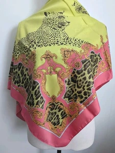 Vintage Bright Neon Pink Green Color Jaguar Animal Print Silk  Scarf 35x34" - Picture 1 of 6