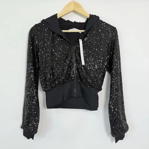 Chaqueta con Capucha Susana Monaco Lentejuelas Cremallera Talla S Negra Recortada Glamour Ropa de Calle - Imagen 1 de 7