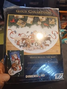 DIMENSIONS Gold Collection SANTA'S WILDLIFE Tree Skirt Kit #8565 NEW - Picture 1 of 4