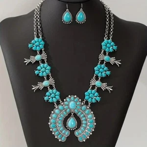 FAUX Squash Blossom necklace & earrings set - Silver plated, imitation turquoise - Picture 1 of 4