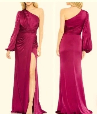 Mac Duggal Fuchsia One-Shoulder Long Sleeve Side Slit  Ruched Gown Size 16 $498 - Image 1 of 4