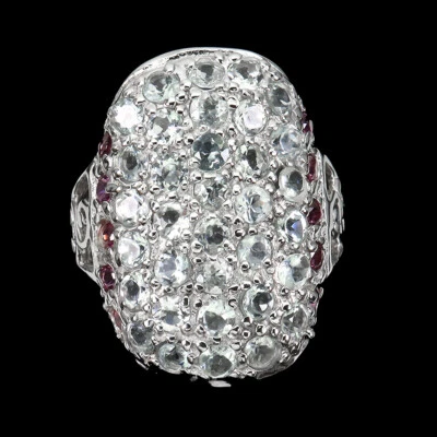 925 Sterling Silver Ring Round Aquamarine Rhodolite Garnet Gemstone Jewelry 9 - Image 1 of 4