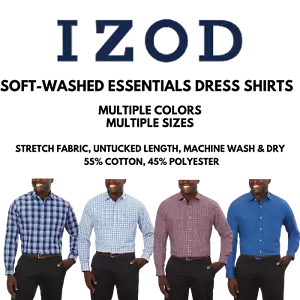 IZOD Men's Soft Washed Essentials Long Sleeve Dress Shirt Stretch Regular Fit - Picture 1 of 26