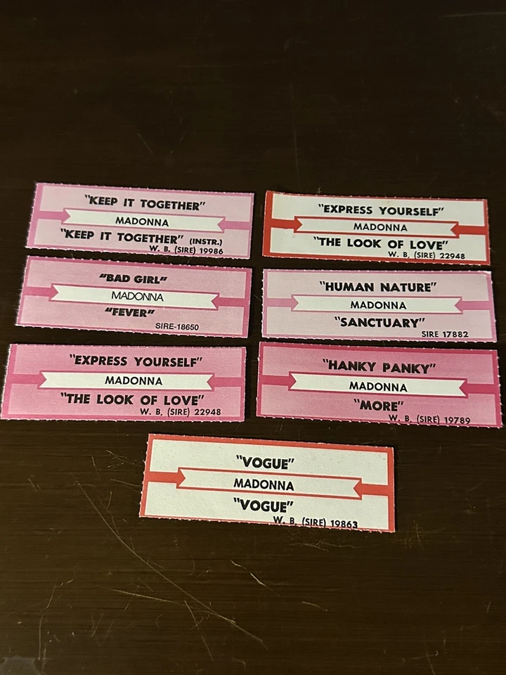 Madonna - (7) Original 1980’s Jukebox Title Strips/Tags - Image 1 of 1