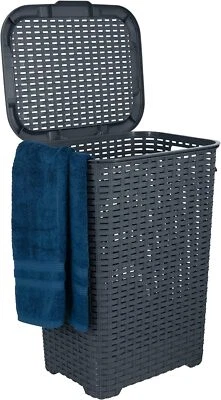 Plastic Wicker Laundry Hamper with Lid and Handles-Brown (60 Liter) - Image 1 of 4