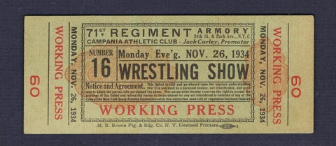 RARE 1934 full Wrestling ticket JOE PARELLI Dave Levin Morelli Campania  Club Cover