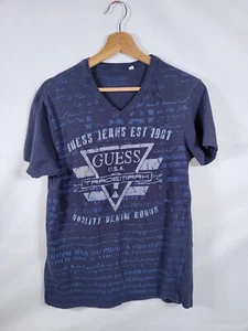 Guess Men’s M V-Neck T-Shirt Shirt Sleeve Blue Graphic Logo Denim Print Casual - Picture 1 of 8