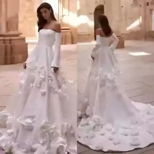Elegant A Line Wedding Dresses 3D-Flowers Strapless Long Sleeve Bridal Gowns - Picture 1 of 7