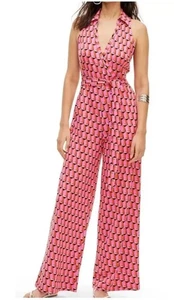 Diane Von Furstenberg Target Collared Sleeveless Pink Geo Jumpsuit Size M New! - Picture 1 of 13