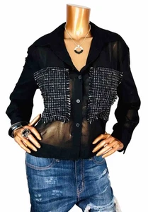 Camisa Zara M Top Negra Blanca Transparente Ligera Wgt Recortada Con Botones Concha Texturizada - Imagen 1 de 10