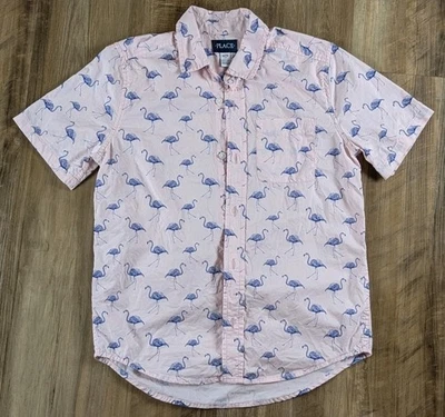The Children's Place Boys Print Poplin Flamingo Button Up Shirt - Pink Sz 10/12 - Image 1 of 4