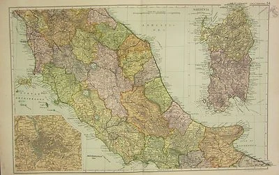 1912 LARGE ANTIQUE MAP ~ ITALY CENTRAL ~ SARDINIA ENVIRONS OF ROME - Image 1 of 3