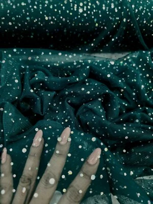 Emerald Green Mesh Fabric By The Yard Glued Sequin Iridescent On Stretch Mesh  - Image 1 of 4