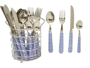(34872) CUBERTERIA 24 CUBERTERO CUCHARA TENEDOR CUCHILLO CUCHARILLA VICHY AZUL C - Picture 1 of 3