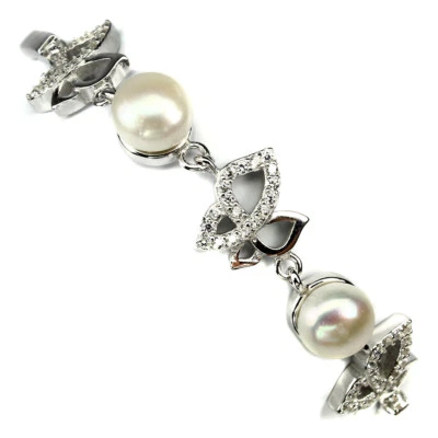 925 Sterling Silver Bracelet Round White Pearl 7mm Gemstone Butterfly Jewelry - Image 1 of 4