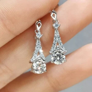 2 Ct Round Cut VVS1/D Diamond Drop & Dangle Women's Earrings 14k White Gold Over - Picture 1 of 7