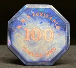 Reino Unido. Antigua ficha de casino ENVÍO R M S Lusitania Cunard Line valor 100 madreperla - Imagen 1 de 8