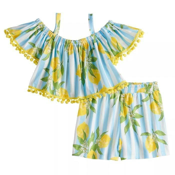 BONNIE JEAN Girl's M(10)  Pom-Trim Cold Shoulder Lemon Print Knit Short Set NWT - Image 1 of 1