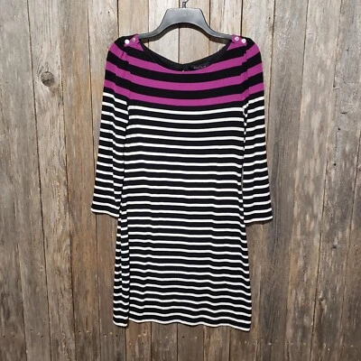 Vestido recto WHBM talla S negro blanco púrpura tejido a rayas elástico mangas 3/4 Foto 1 de 4