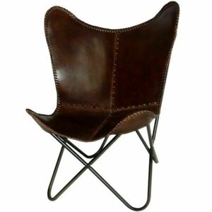 Handmade Vintage Classic Brown Genuine Leather Sleeper Seat Butterfly Chair BKF