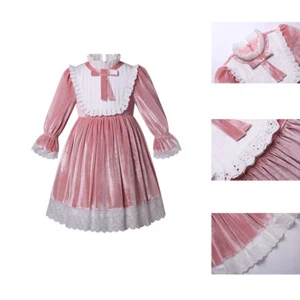 Girls Pink Shimmer Satin Dress Long Sleeves Lace Party Dresses 2-12 Years - Picture 1 of 18