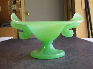 Vintage Fenton Glass Jadeite Green Pedestal Bowl Double Dolphin Koi Handle - Picture 1 of 6