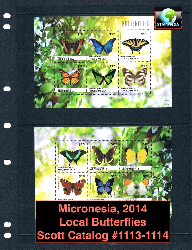 $24.00 Scott Value - 2014 MICRONESIA Butterflies 2 s/s Pacific CV MNH NH UMM - Image 1 of 4