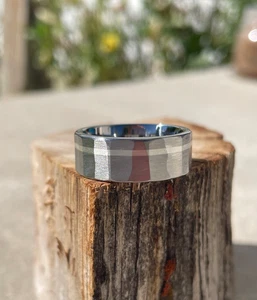 Men's Wedding Band, Unique Ring, Facet Cut Solid Titanium and Sterling Silver - Picture 1 of 7