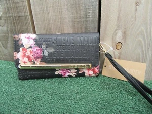 Brand New Steve Madden Black Floral Logo Bar Wristlet Tri-Fold Wallet - Picture 1 of 10