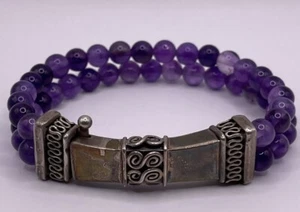 Sterling Silver Lavender Jade Beaded Cubic Zirconia Bracelet (31.53g) - Picture 1 of 5