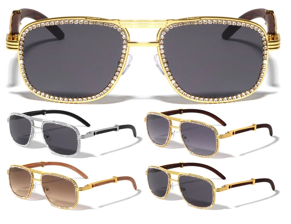 RHINESTONE FAUX WOOD PILOT AVIATOR SUNGLASSES SQUARE RETRO DESIGNER FASHION NWT - Image 1 of 1