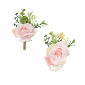 Wrist Corsage and Boutonniere Set(2pcs), Pink 1 Boutonniere&1 Wrist Corsage - Picture 1 of 8