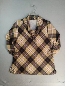 Robert Louis Womens Top XL Multicolor Plaid Cowl Neck Drawstring Knit Pullover - Picture 1 of 7