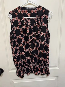 Karl Lagerfeld Paris Womens Top Black & Pink Floral Sleeveless Ruffle V Neck L - Picture 1 of 2