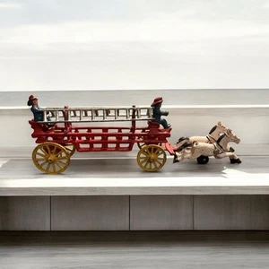 Cast Iron Horse Drawn Fire Truck Wagon with Ladders and 2 Firemen Red Vintage - Picture 1 of 11