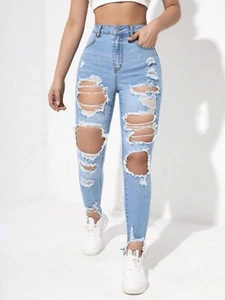 Essnce Solid Color Ripped Pocket Skinny Casual Fashion Jeans For Women - Picture 1 of 5
