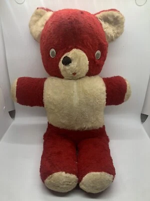 Vintage 50s Carnival Teddy Bear Red White 1950's 18" Jingle Bell In Ear Eys Move - Image 1 of 4