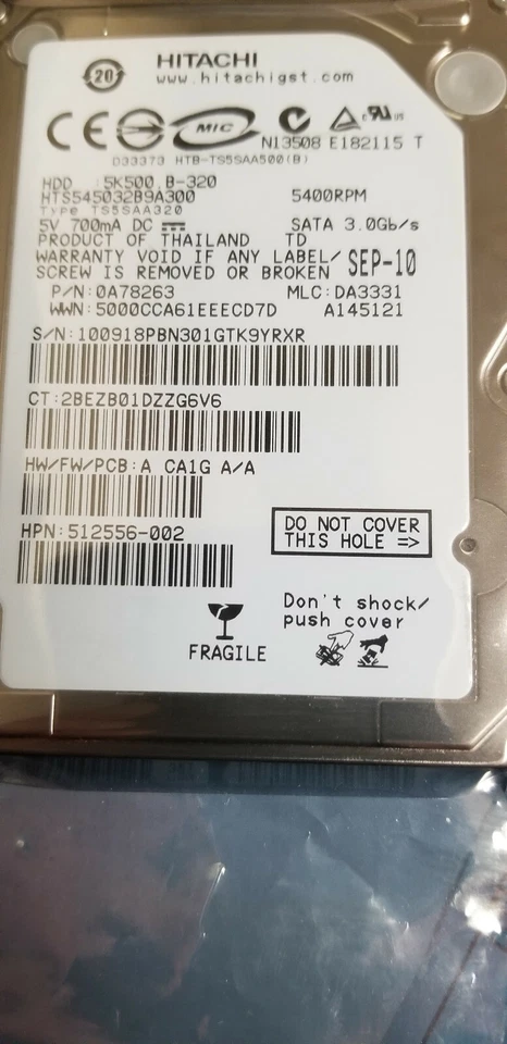 HITACHI HTS545032B9A300 PN 0A78263 320GB 2.5" MLC DA3331 HPN 512556-002 - Image 1 of 1