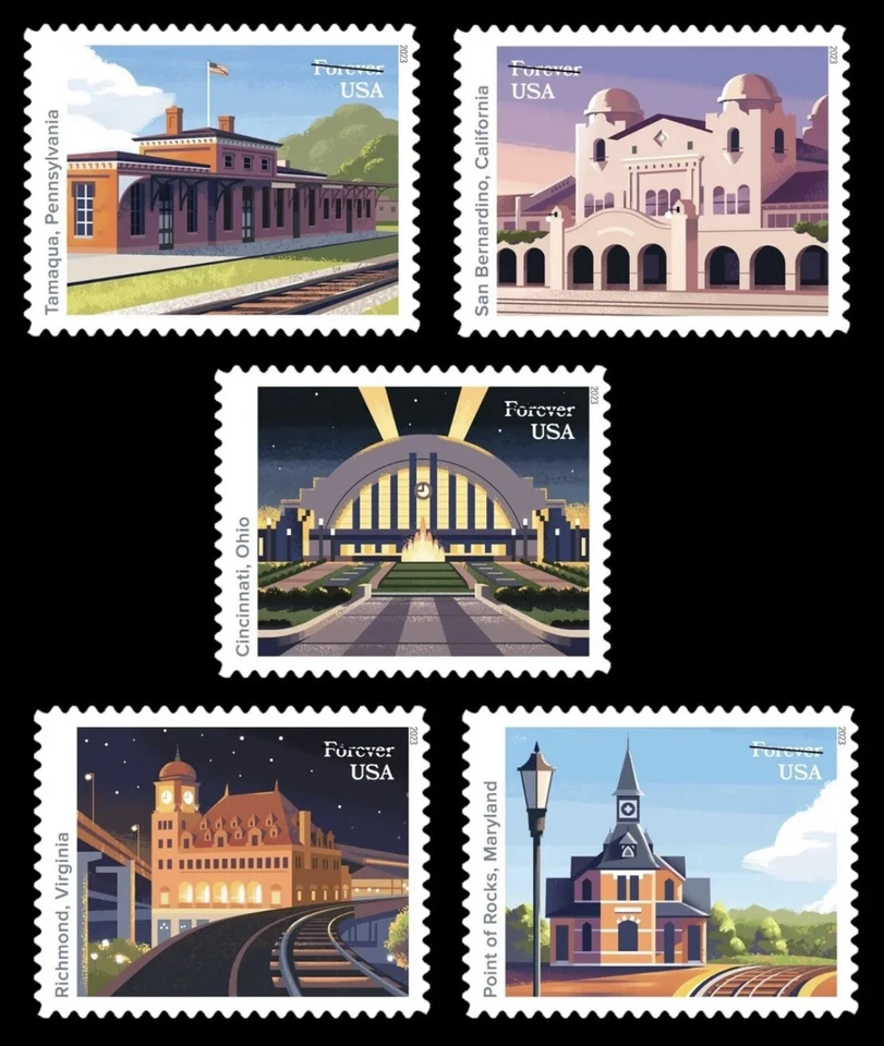 US Railroad Stations Forever  Mint Set of 5 stamps MNH Ships 9 Mar 2023 - Image 1 of 1