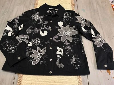 复古 Laura Ashley 黑色白色花卉贴花串珠 L 码棉质牛仔夹克 — 第 1/4 张图片