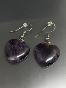 Natural Purple Amethyst Heart Pendant Silver Tone 1.5” 4.69g Ea Dangle Earrings - Picture 1 of 3