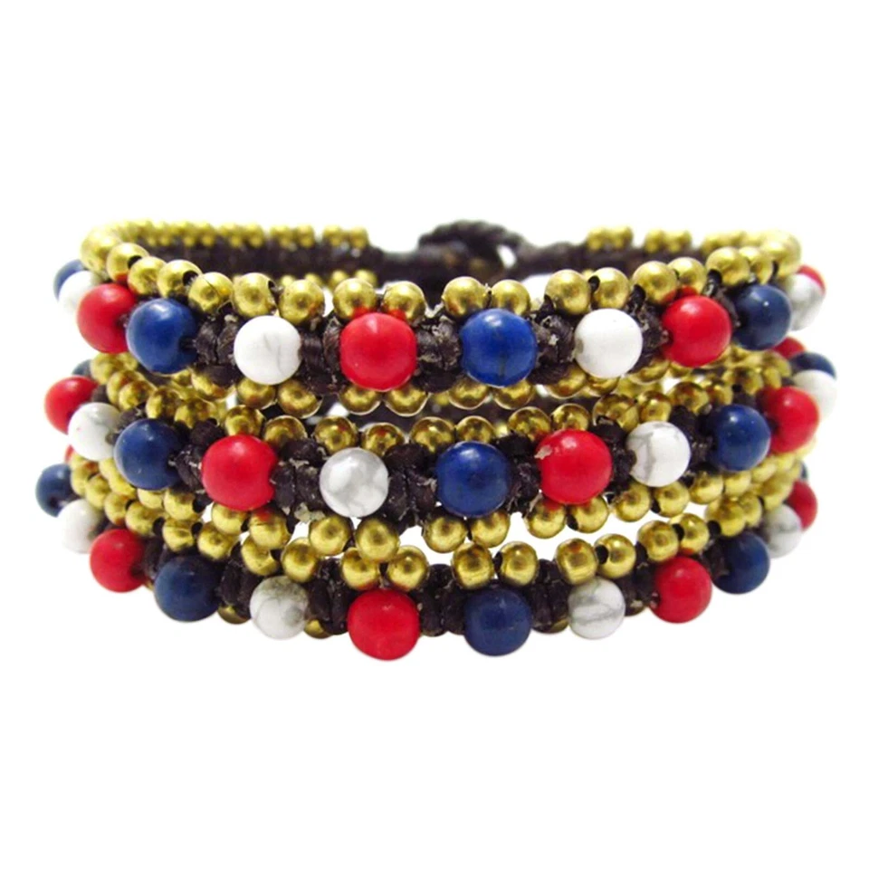 Set of 3 Turquoise-Coral Bead Link Brass Jingle Bracelet Foto 1 de 1