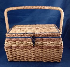 Vintage Wicker Rattan Handled Sewing Box Basket Satin Lining and Tray - Picture 1 of 4
