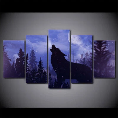 Silhouette Wolf Howling At Full Moon Night Canvas Prints Painting Wall Art Decor - Image 1 of 2